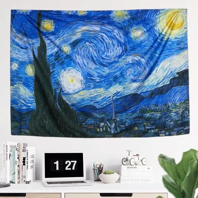 1PC Polyester Van Gogh Starry Night Blue Art Tapestry - 1-Piece Aesthetic Ornament, Indoor Party Decor, Multi-Purpose Home Supply for Dorm Bedroom Wall Hanging Blanket Tablecloth
