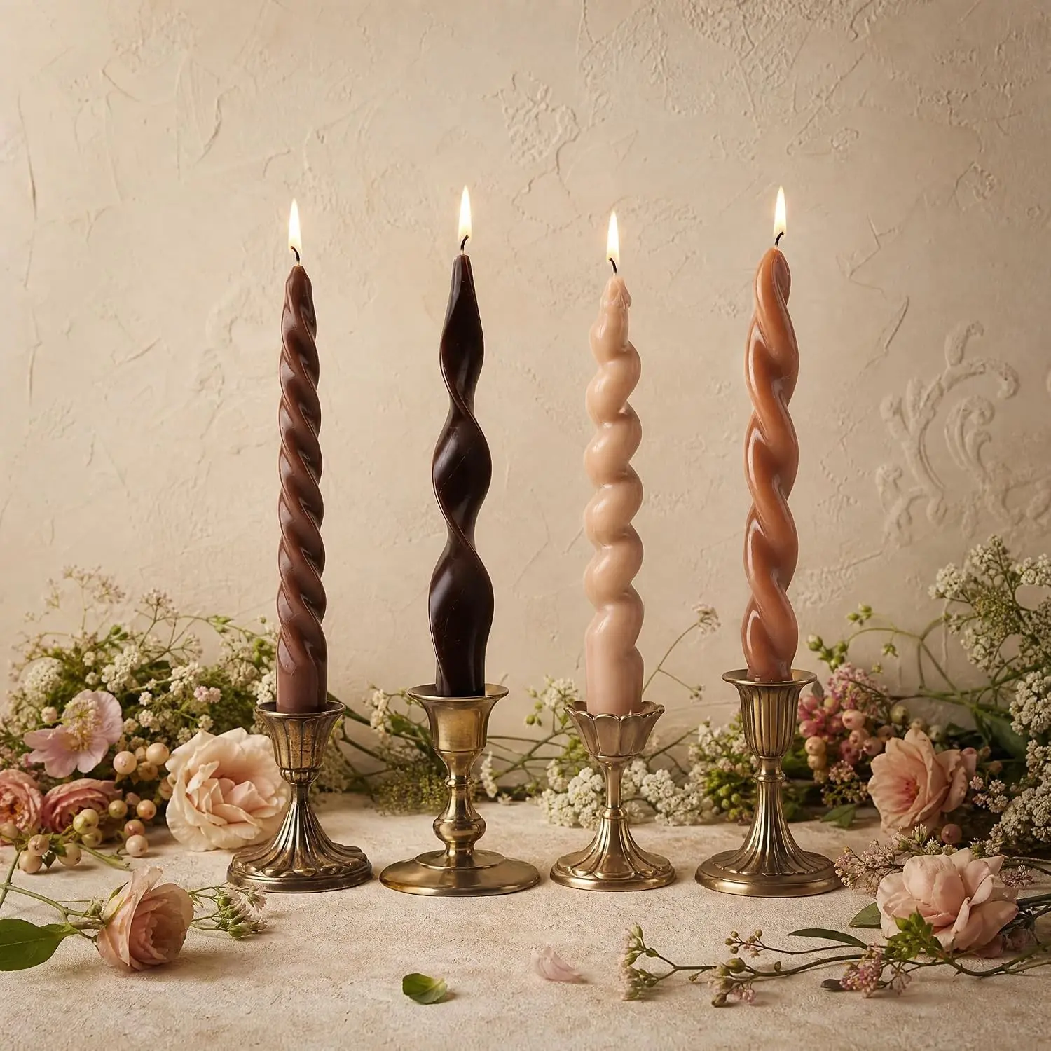 4 Pack Twisted Taper Candles Unscented Dripless Spiral Candlesticks Smokeless Swirl Wax Colorful Decorative Candle Sticks for Wedding Dinner Party Home Decor (Rustic Brown, 7.8 inch)