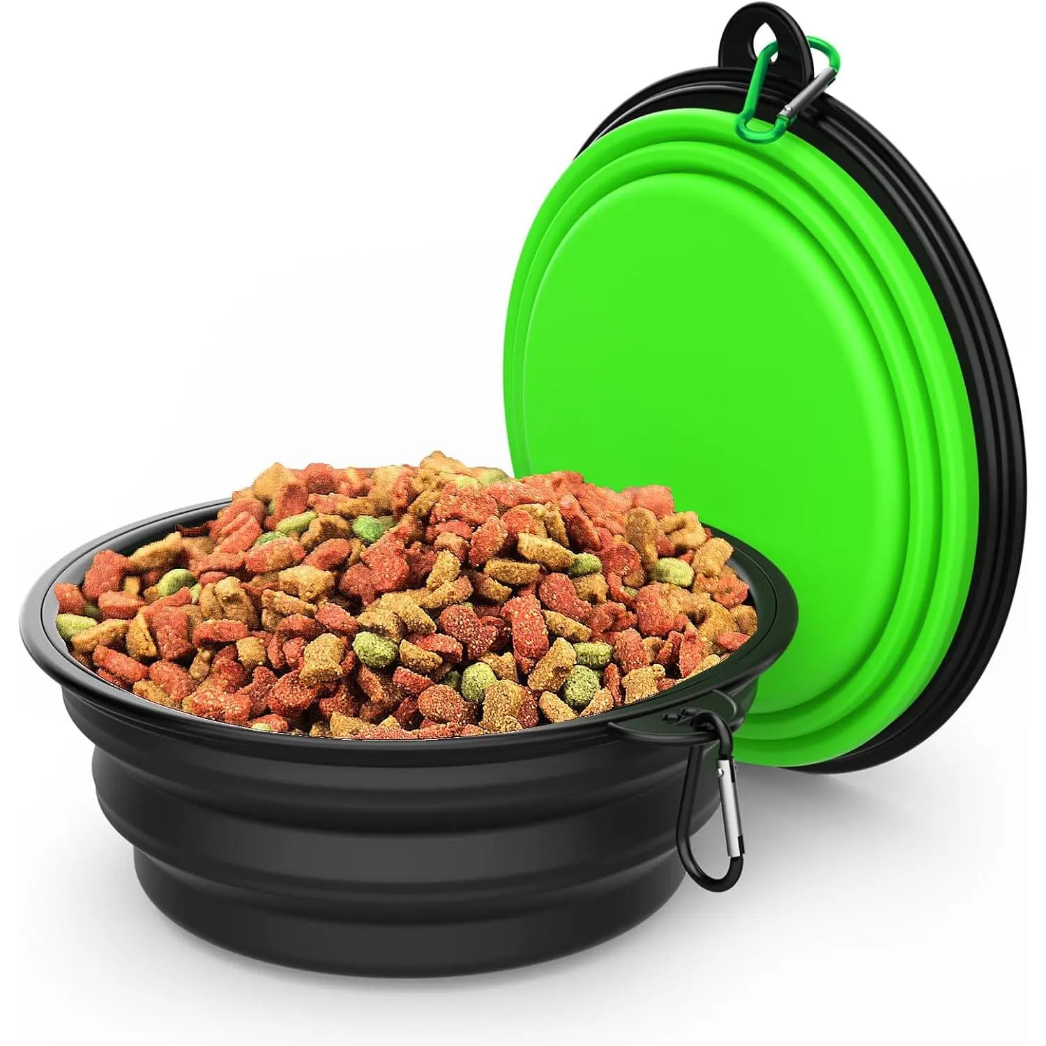 2 Pack Collapsible  Bowl Travel Portable  Bowls [20oz,600ml],Expandable Foldable  Water Feeding Dishes for Traveling Hiking Walking,with Carabiners [Black,Green]