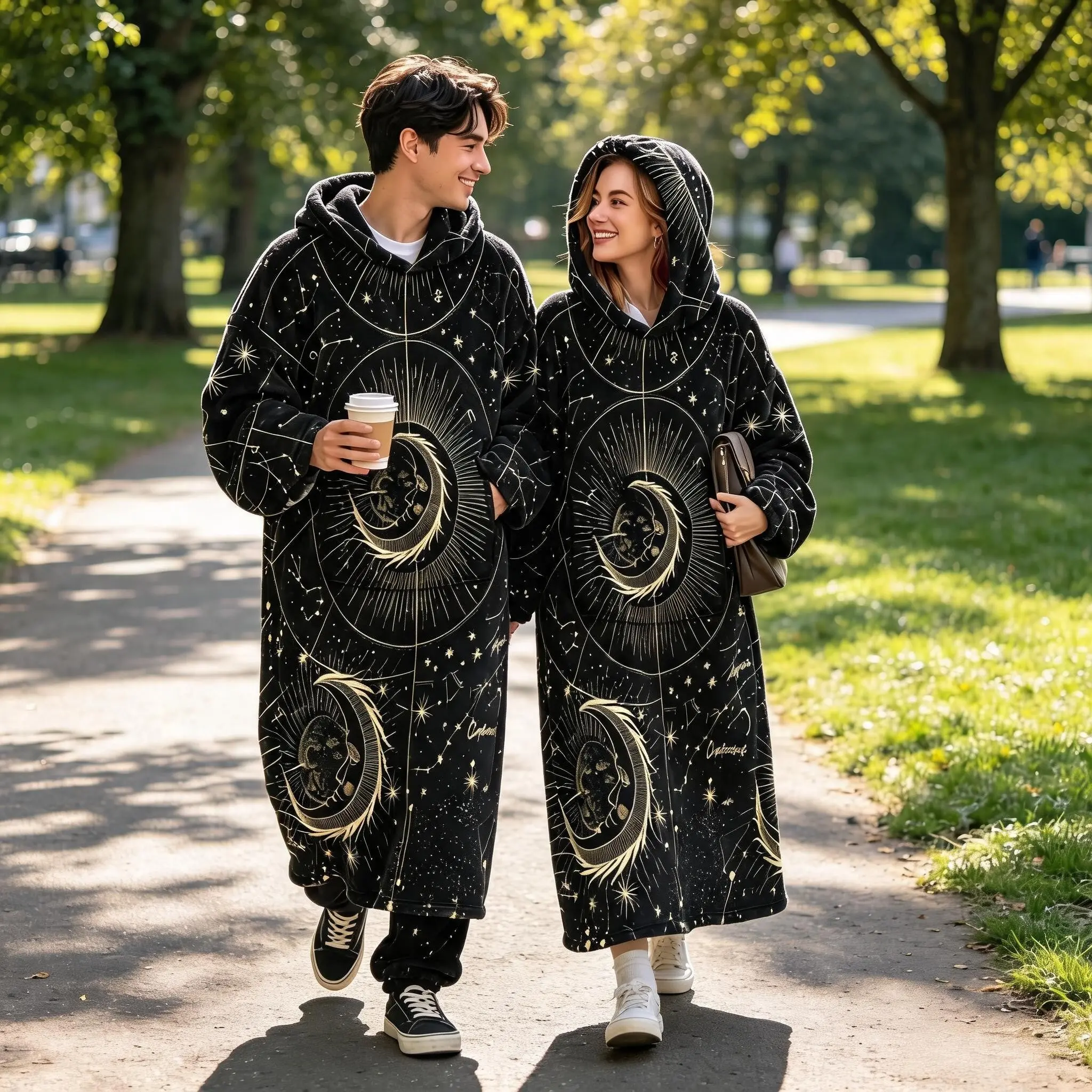 Unisex Flannel Hooded Wearable Blanket, Retro Star Moon Constellation Print, Soft Fabric, Home Office Car Camping Fall Winter