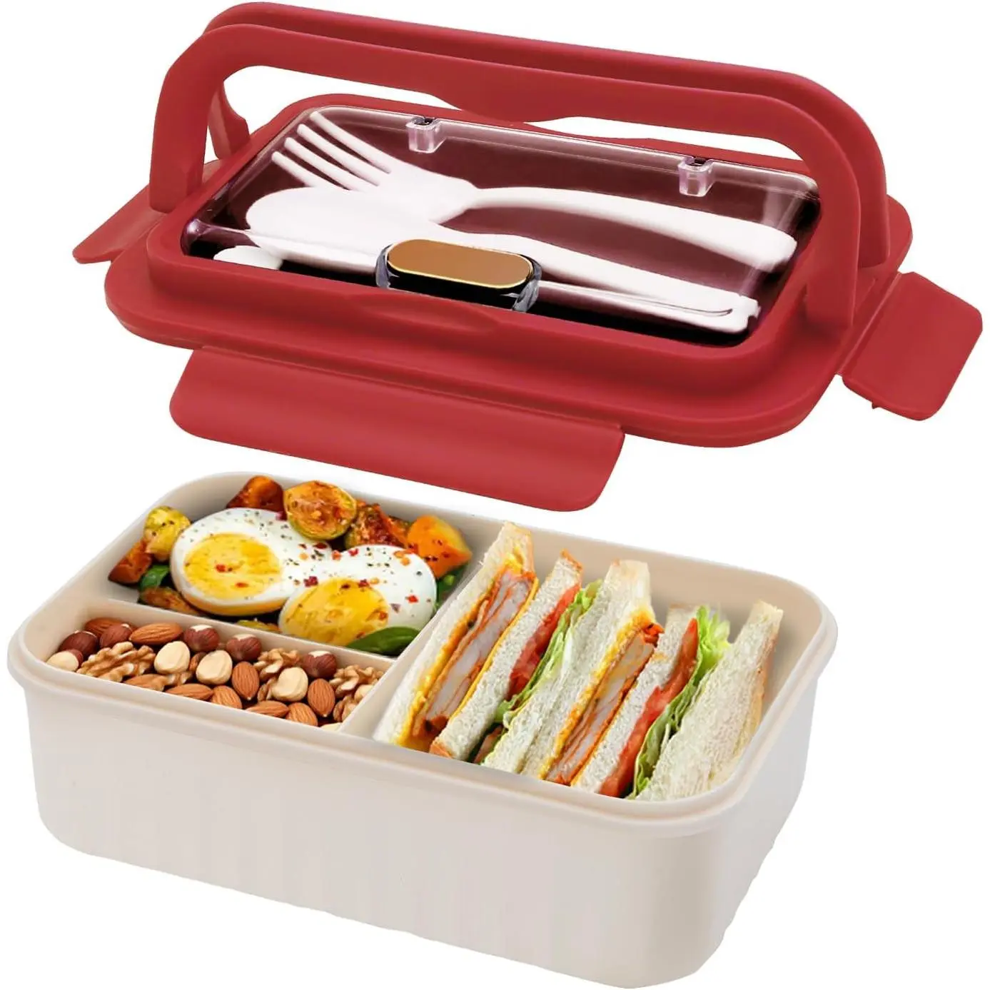 Bento Box for Adults, 1100 ML Bento Lunch Box for   with Spoon & Fork, 3-Compartment Lunch  Containers, Microwave & Dishwasher Safe,  and -Safe Materials(Red)