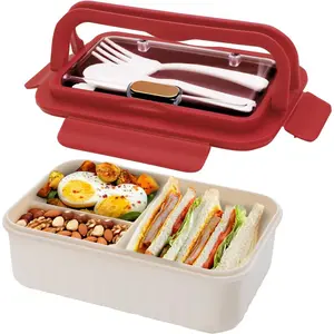 Bento Box for Adults, 1100 ML Bento Lunch Box for   with Spoon & Fork, 3-Compartment Lunch  Containers, Microwave & Dishwasher Safe,  and -Safe Materials(Red)