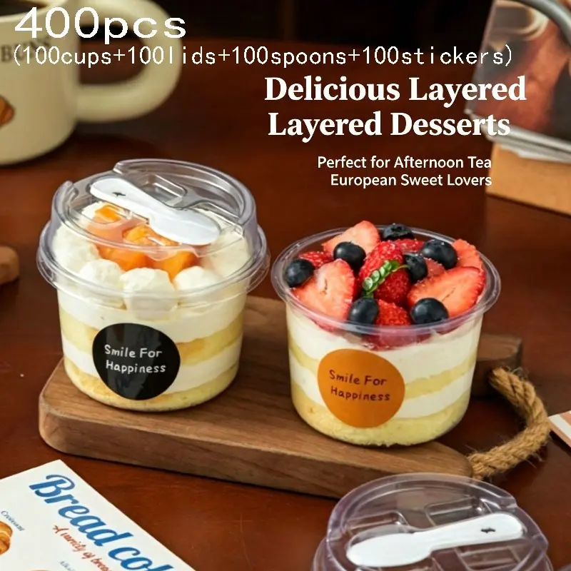400pcs Reusable Transparent 250ML Parchment Cups with Lids, Spoons, Stickers, Ideal for Desserts, Jellies, Pudding, Home, Bakery, Parties