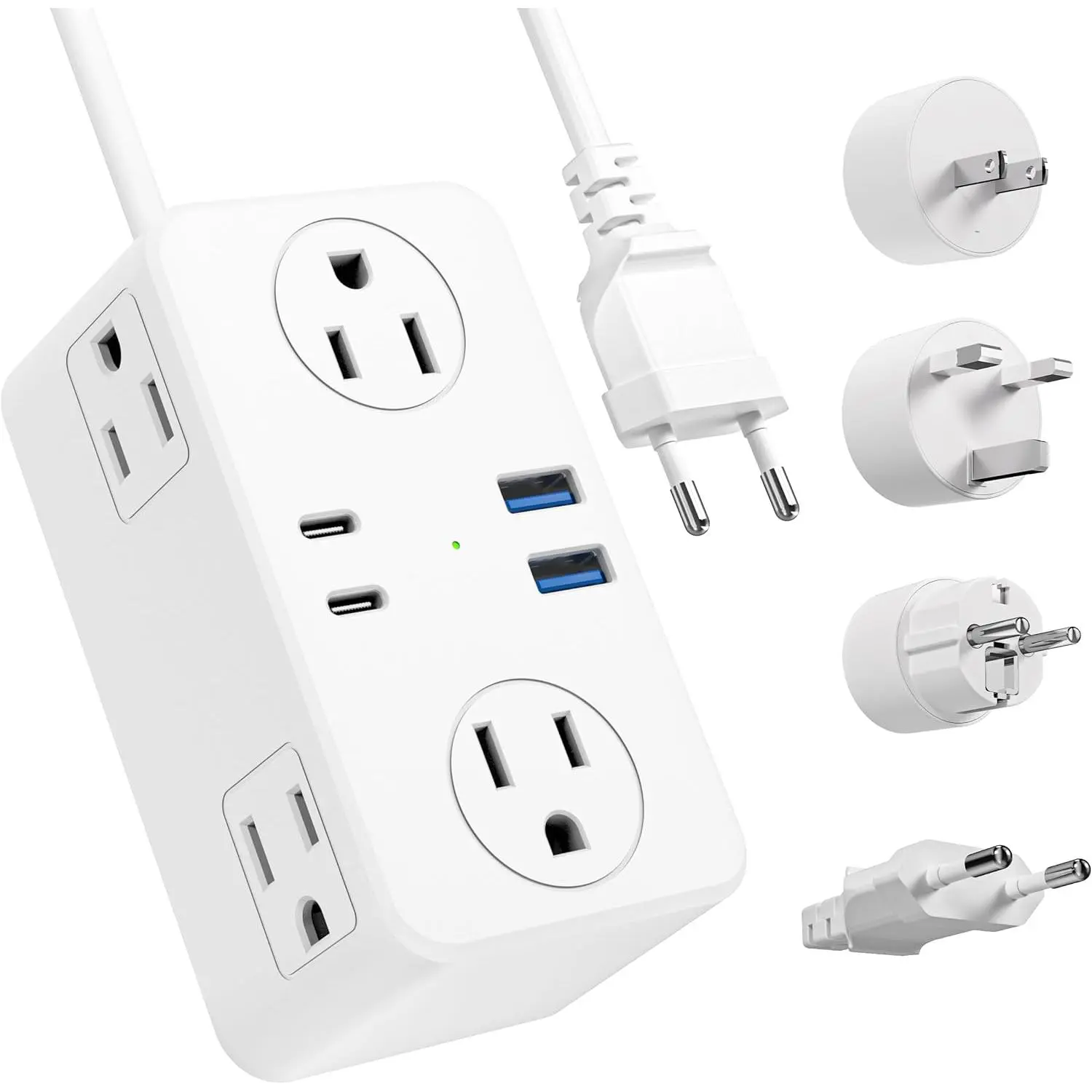 European travel plug adapter, EU/UK/US travel plug adapter power outlet, 6 AC outlets, 4 USB ports (2 USB C), 3-foot coiled extension cord, universal travel adapter