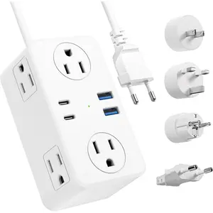 European travel plug adapter, EU/UK/US travel plug adapter power outlet, 6 AC outlets, 4 USB ports (2 USB C), 3-foot coiled extension cord, universal travel adapter