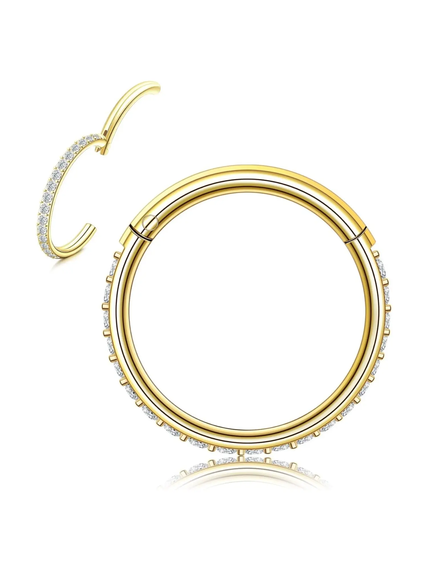 1 Pc Full Paved CZ Hinged Click Ring Piercing Hoop Hypoallergenic Solid Stainless Steel for Unisex Multi-Piercing Layered Styling Smooth Round Circular Frame Fully Inlaid with A Continuous Row of Round Brilliant Clear CZ Portable Exquisite Unisex Gift