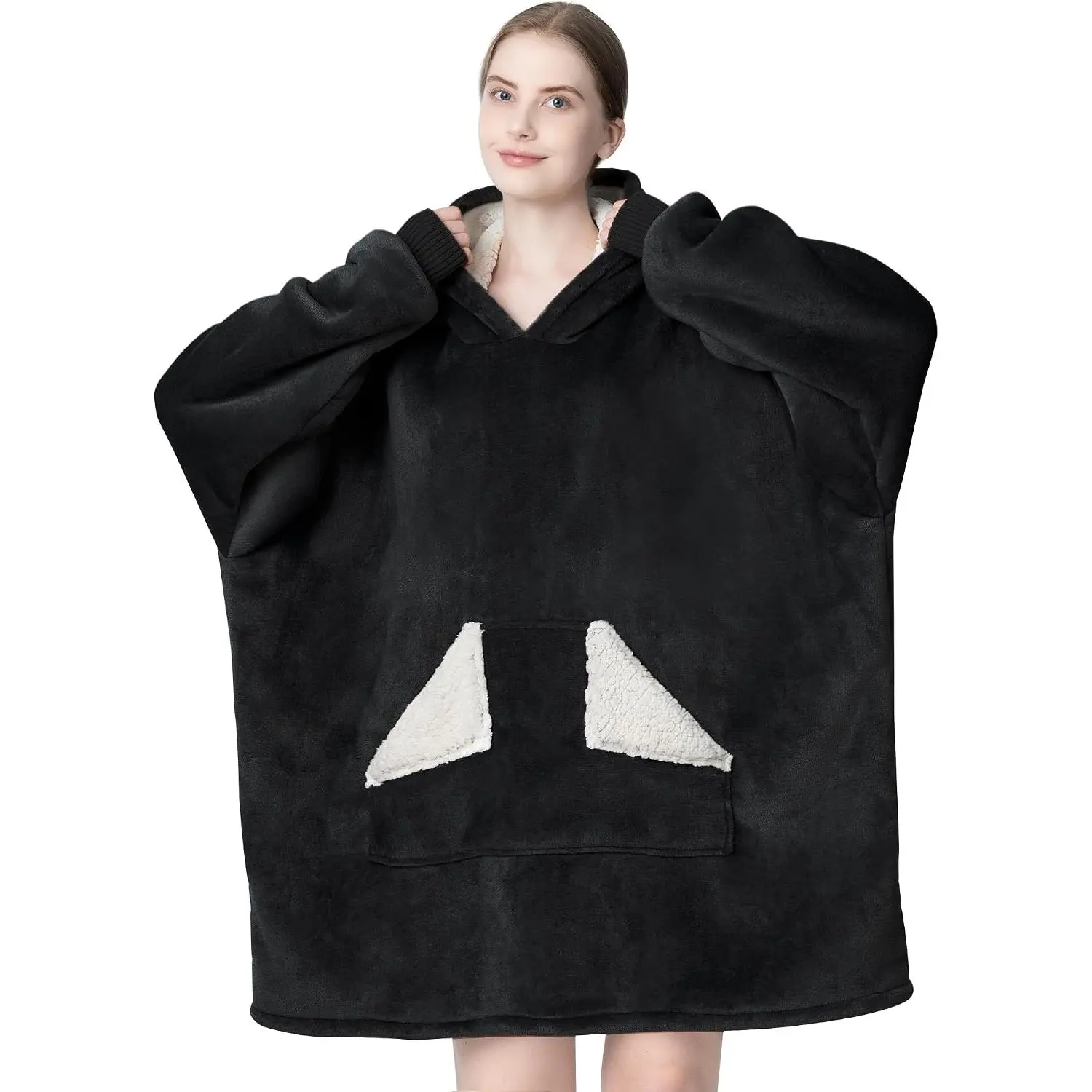 Wearable Blanket Hoodie, Oversized Blanket Sweatshirt with Hood and Sleeves, Gifts Hooded Blanket for Adult Men (Black)