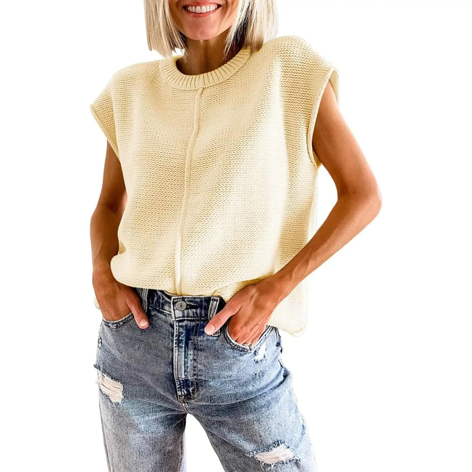 Arssm Women's Cap Sleeve Tank Tops Sleeveless Loose Fit Pullover Sweaters Crewneck Knit Crochet Top Vest(Beige-S)