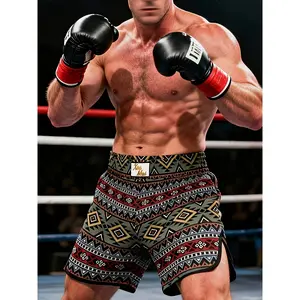Men'S Fashion Muay Thai Training Shorts, Retro Ethnic Print Quick-Dry Lightweight Comfortable Combat Shorts [Printeddesign-Nottextured 2Dprinting]