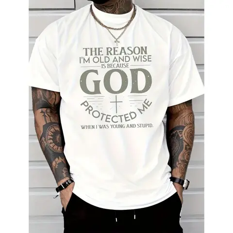 Men's Basic Pure Cotton Round Neck Short-Sleeve T-Shirt - Korean Preppy Chic Menswear Top, Bold "God Bless Me" Graphic Print, for Summer Casual Wear