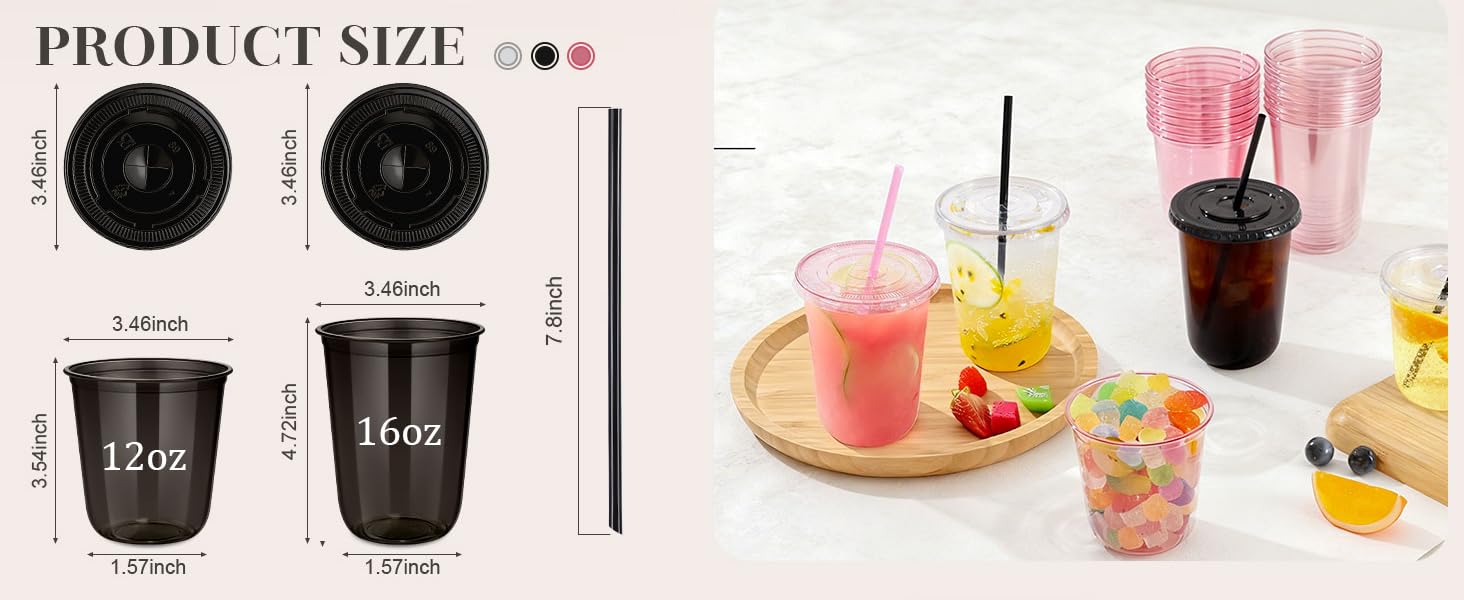 100 Set 16oz Plastic Cups with Lids and Straws, Disposable Black Clear Iced Coffee Cup with Lid, Round Bottom Plastic To Go Cups for Cold Drinks Slushie Smoothie Soda Bar Party Shop Supplies