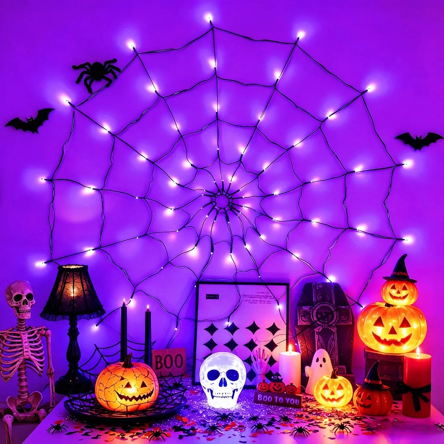 70 LED Halloween Light Up Spider Web Twinkly String Lights, Orange & Purple USB Powered Cobweb Lamp with 8 Lighting Modes, Hanging Horror Decor for Haunted House Bar Yard Indoor Outdoor Party Ornament