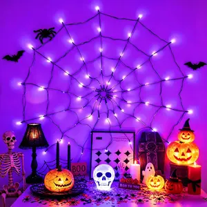 70 LED Halloween Light Up Spider Web String Lights, Orange & Purple USB Powered Cobweb Lamp with 8 Lighting Modes, Hanging Horror Decor for Haunted House Bar Yard Indoor Outdoor Party Ornament