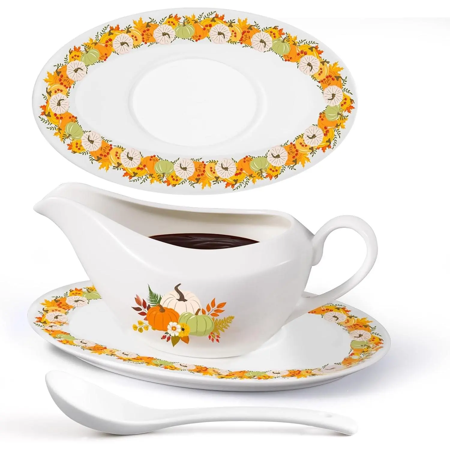 16OZ Ceramic Thanksgiving Gravy Boat with Ladle and Saucer Serveware for Salad Dressings Creamer Broth Ideal for Weddings Parties Christmas Daily Use
