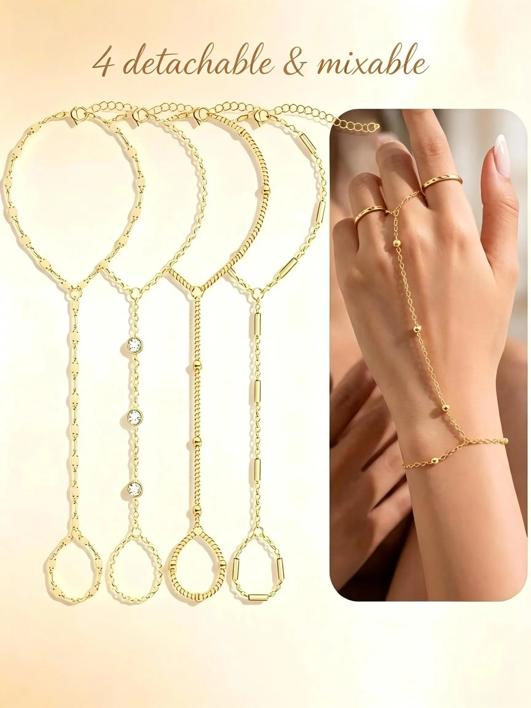 4 Pcs Dainty Gold-Plated Hand Chain Beaded Bracelet Sets for Women, Stackable Bracelets, Stackable Mix & Match Design with Cubic Zirconia & Beaded Styles, Versatile Jewelry Gift for Daily Wear