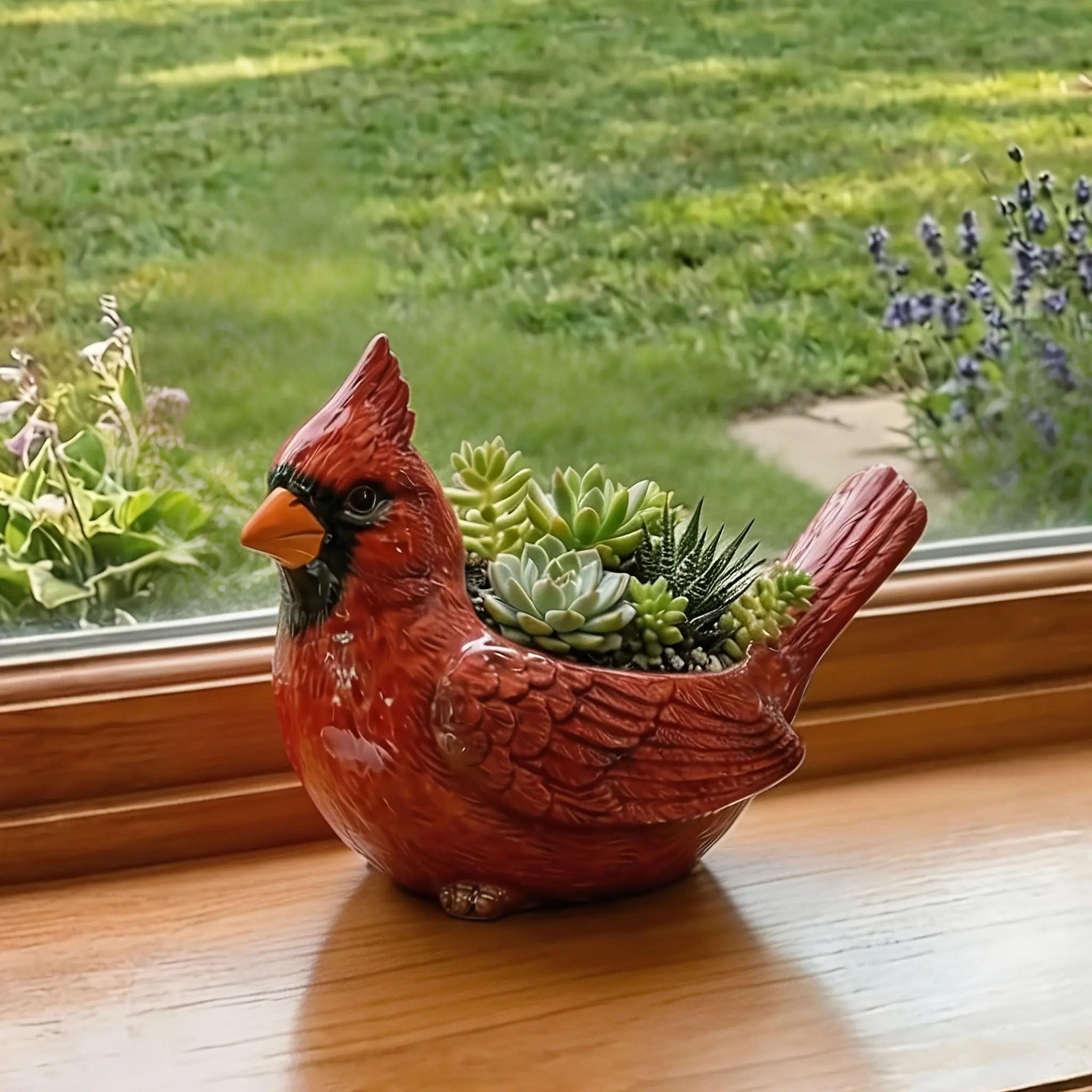 Red Cardinal Bird Planter Pot with Drainage Holes - Resin Flower Pot Suitable for Indoor/Outdoor Use, Irregular Shape Succulent Planter with Realistic Cardinal Bird for Home Garden, Tabletop Decoration, Decorative Garden Pots, Resin