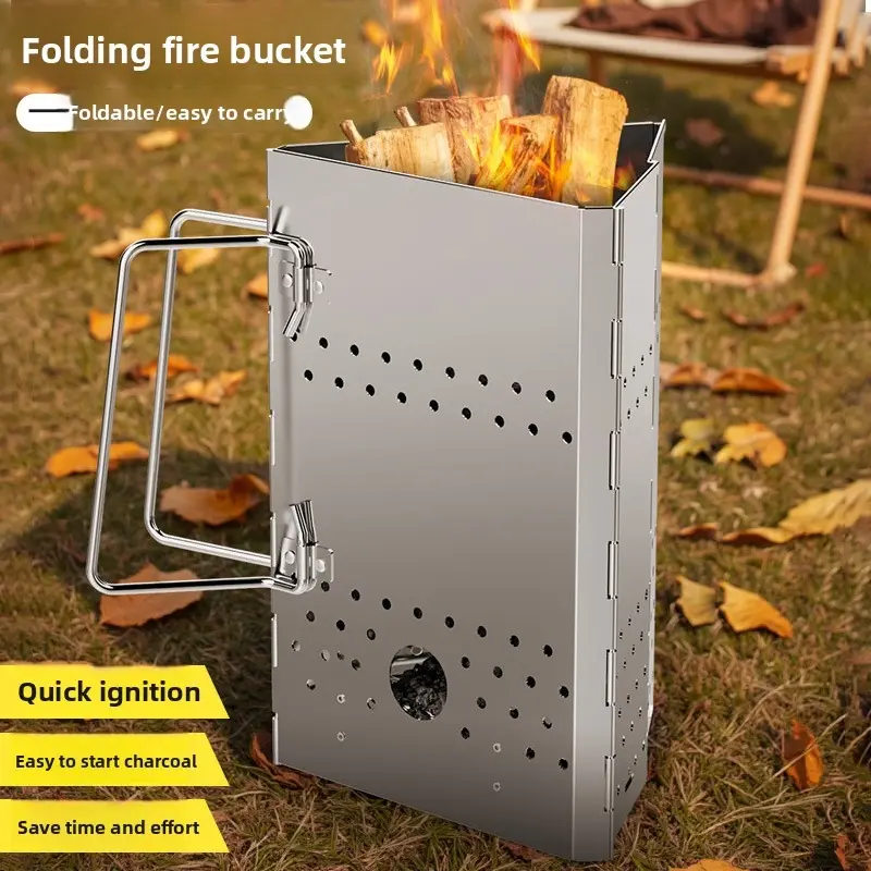 Foldable match stove, fire starter stove, triangular charcoal bucket, fire starter, igniter, quick ignition stainless steel fire starter bucket