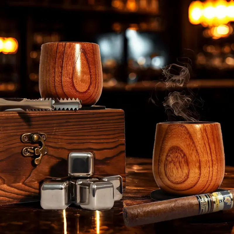 Handcrafted Charred Wooden Bourbon Cups Set of 2 - Classic Indoor, Stainless-Accented Retirement Whiskey Gift for Dad, Present for Boyfriend
