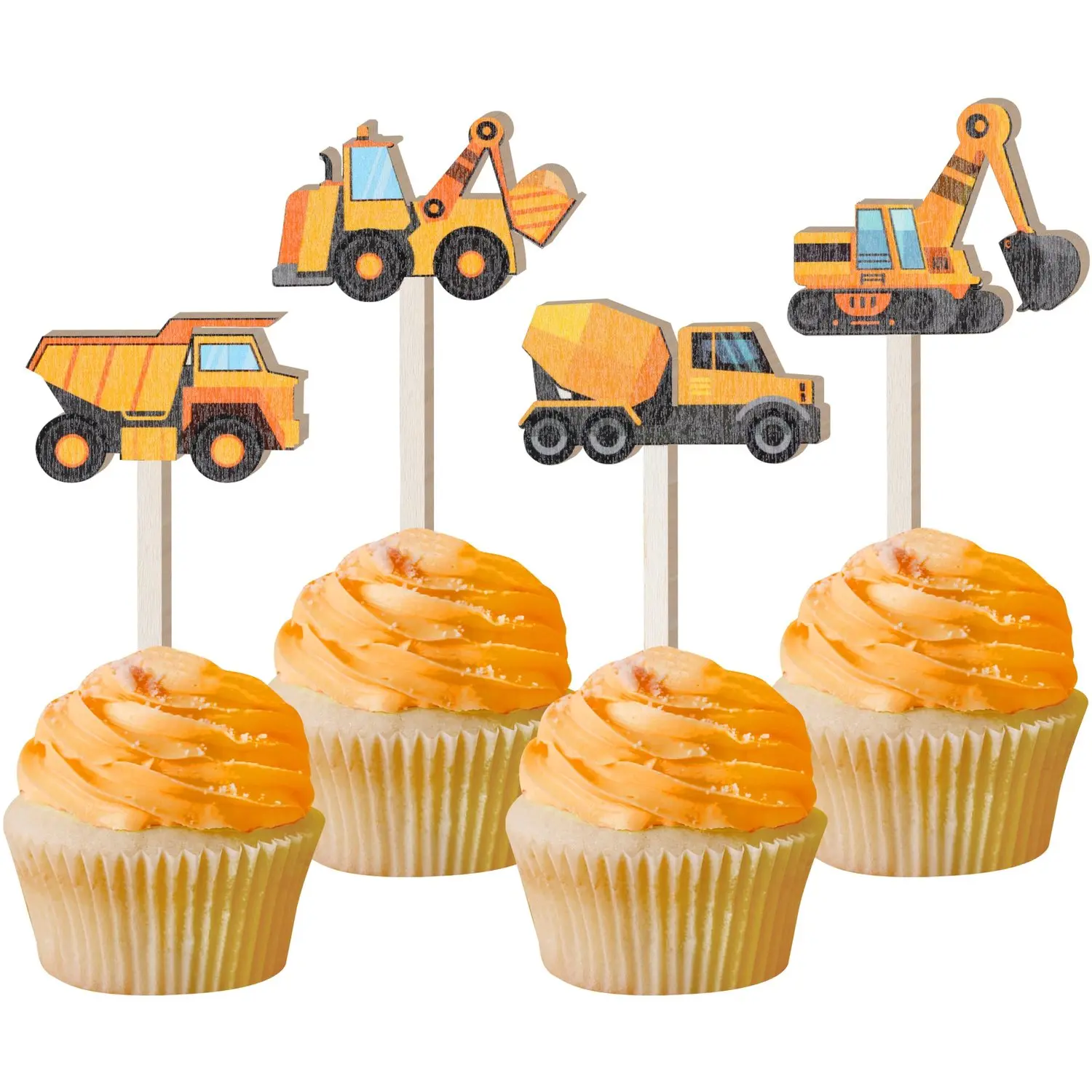 16PCS Reusable Wooden Construction Cupcake Toppers (4 Pieces Each) - Novelty Print, Easy Install Dump Truck Ornaments for Excavator Vehicle Party Decorations, Birthday Supplies
