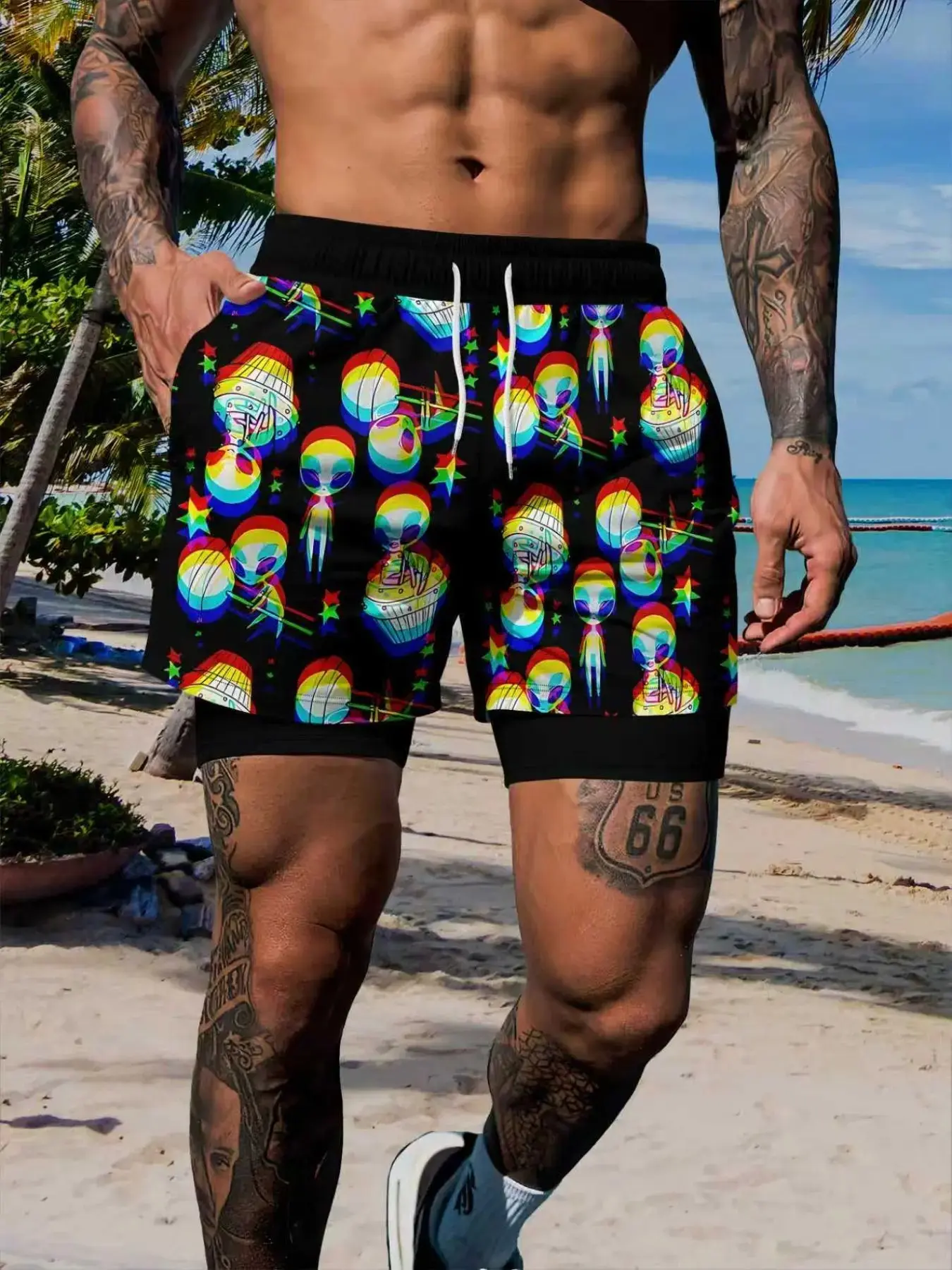 Men's Dual-Layer Quick-Dry Beach Shorts, Base Rainbow Alien Ufo All-Over Print, Elastic Waist with Drawstring, Casual Swim Trunks