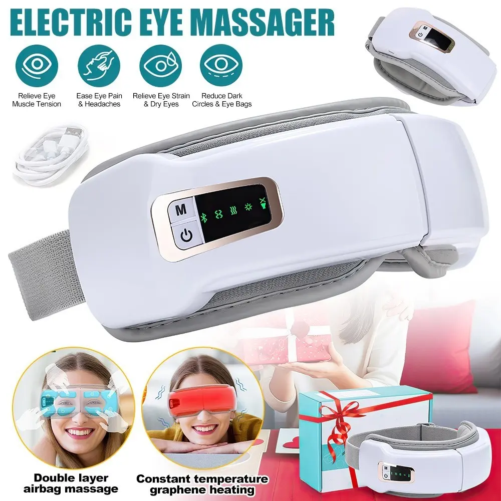 Smart Heated Eye Massager with Vibration, Heating, Airbag Compression, Bluetooth-compatible Music, 5 Massage Modes, Rechargeable, Foldable, Unisex