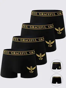 4 Pcs Men's Boxer Briefs, Soft Sweat-Wicking, Skin-Friendly, Letter Print, Fashionable Sporty Casual, Fitted, All Seasons Underwear