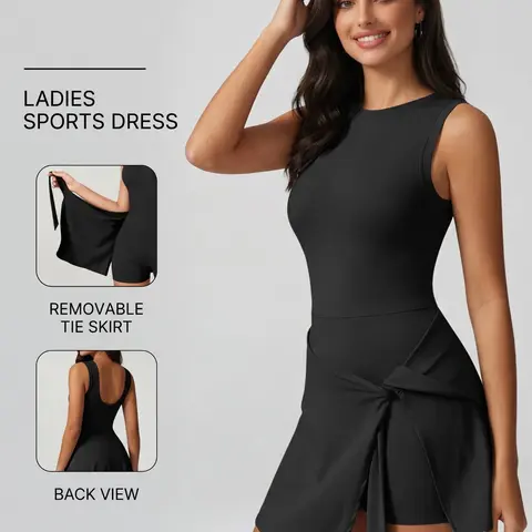 Women's Sporty Dress with Shorts, Detachable Tie, High Elasticity, Slim-Fitting, Yoga Running Pilates, Beach Daily Wear, Sleeveless Sports Dress, Yoga Active Dress