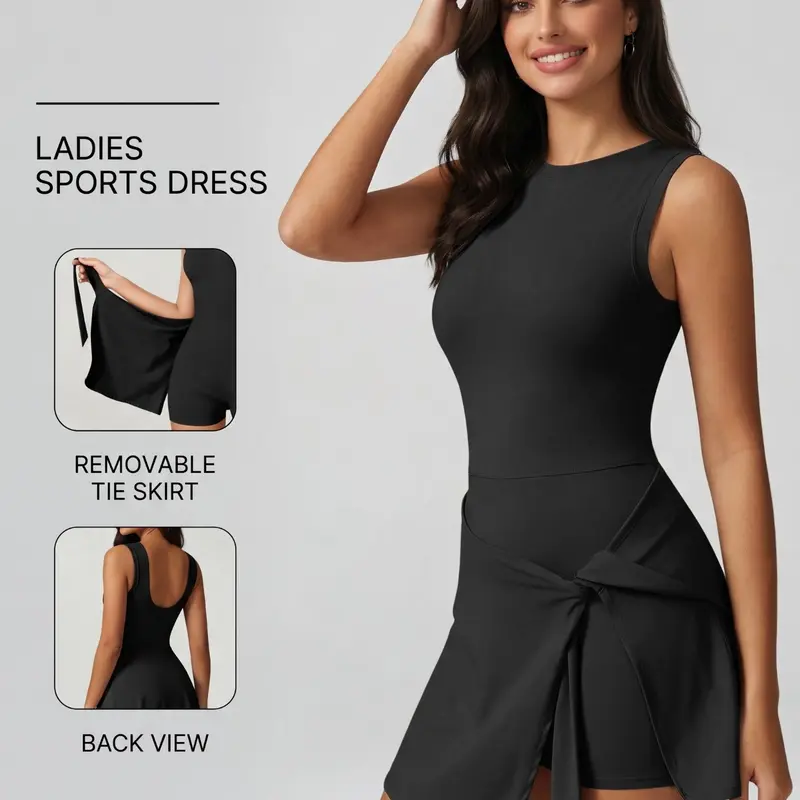 Women's Sporty Dress with Shorts, Detachable Tie, High Elasticity, Slim-Fitting, Yoga Running Pilates, Beach Daily Wear, Sleeveless Sports Dress, Yoga Active Dress