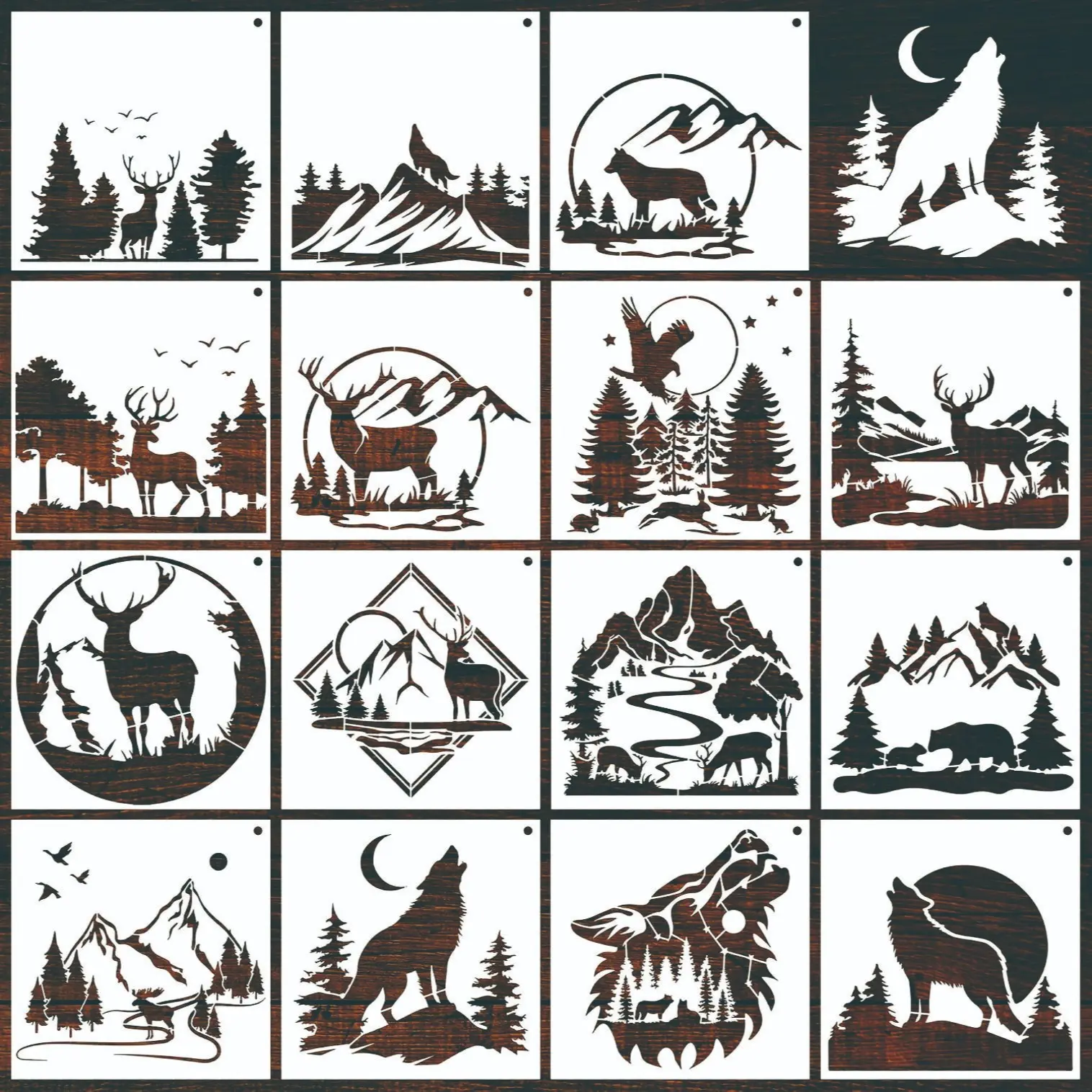 15 Piece Forest Wildlife Templates, Reusable DIY Craft Stencils for Wood Painting, Mountain Scene Stencils for Wall Art, Canvas Bags