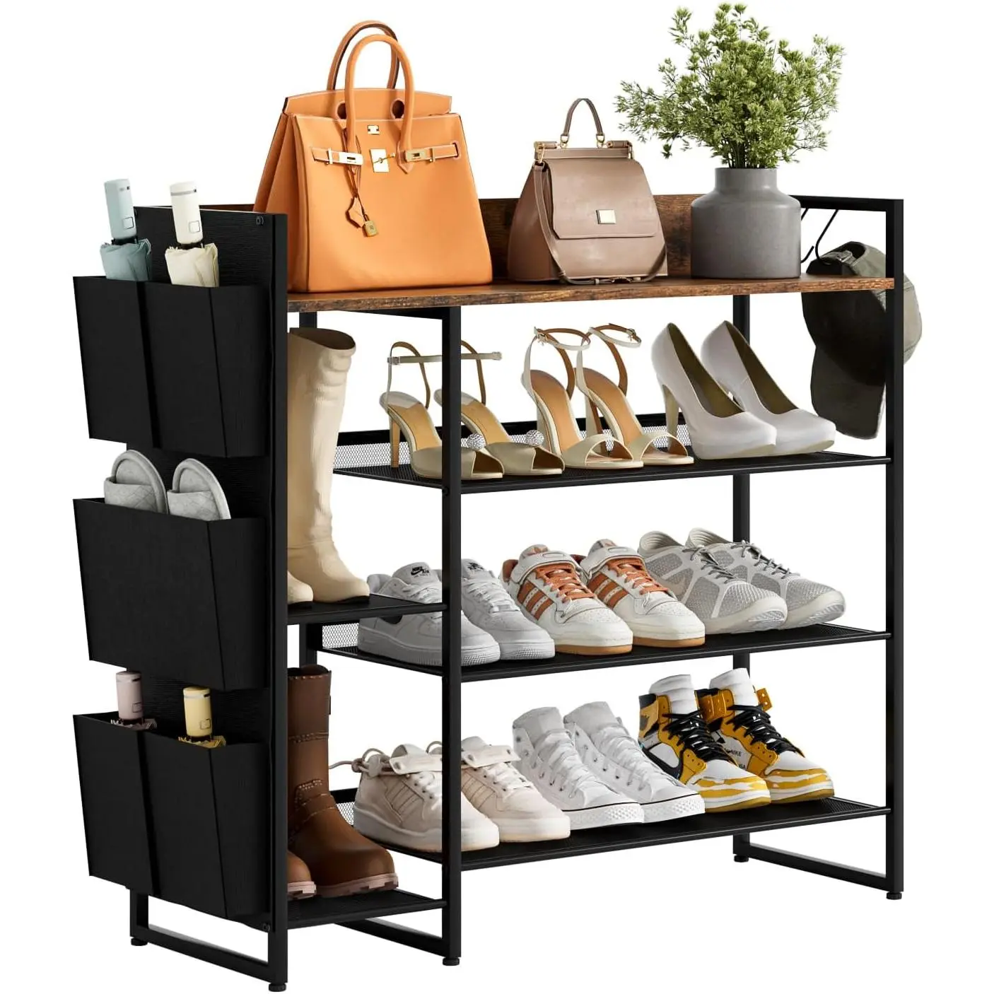 Shoe Racks Bench,Shoe Organizer with Bench for Closet- Free Standing Boot and Shoe Rack with Storage Bag for High Heels, Entryway, Hallways, Closets, Dormitory Rooms,Brown 4-Tier