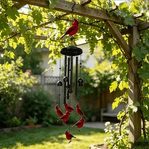 Red sparrow softly chirps with the wind chime, metal tube bells ring when the wind blows. A versatile decorative hanging for balcony, courtyard, or indoor spaces, adding a touch of lively warmth.