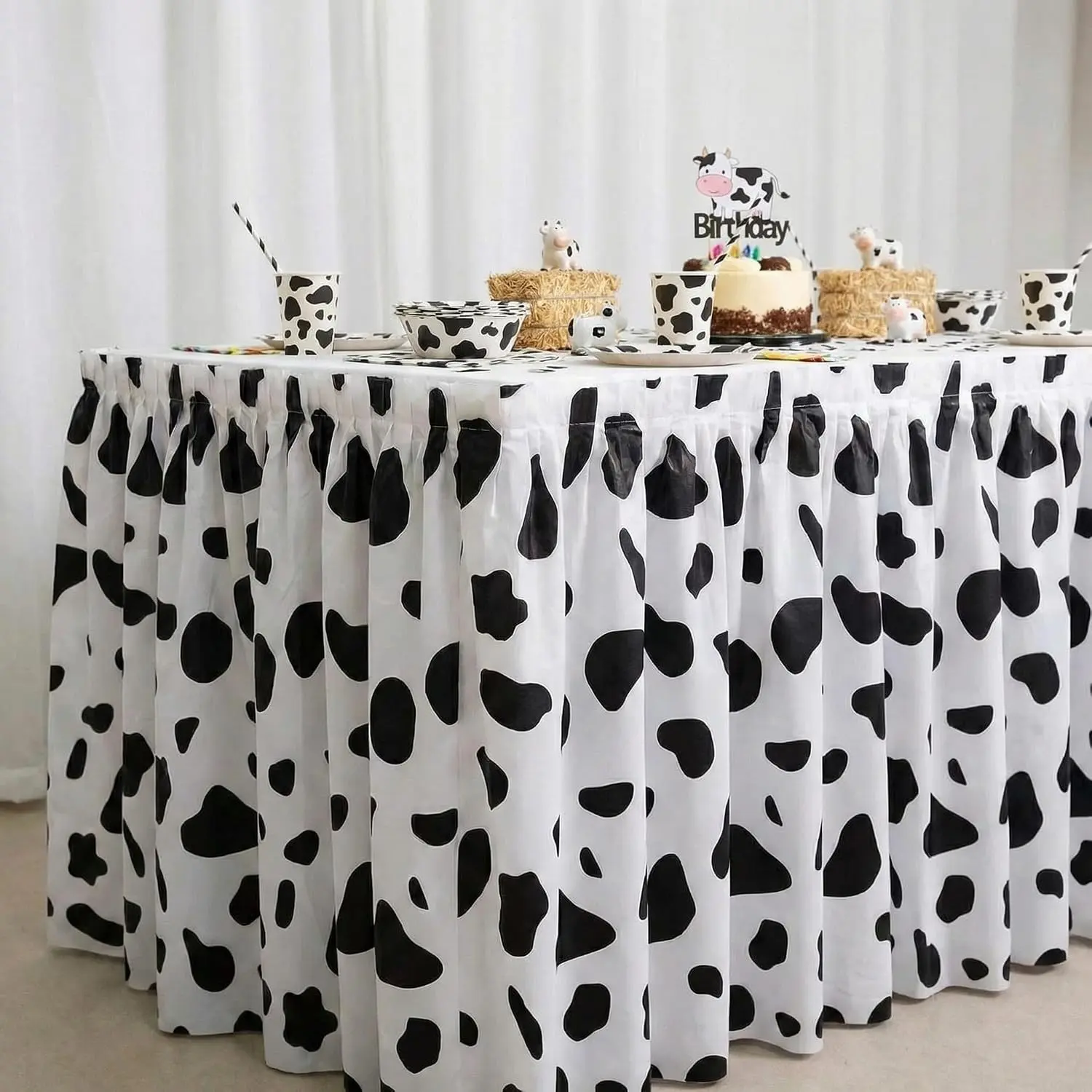 Disposable Plastic Cow Print Table Skirt (29 in x 14 ft) - Black and White Tableware for Cowgirl, Farm Animal Themed Birthday & Wedding Party Decorations (1 Pack)