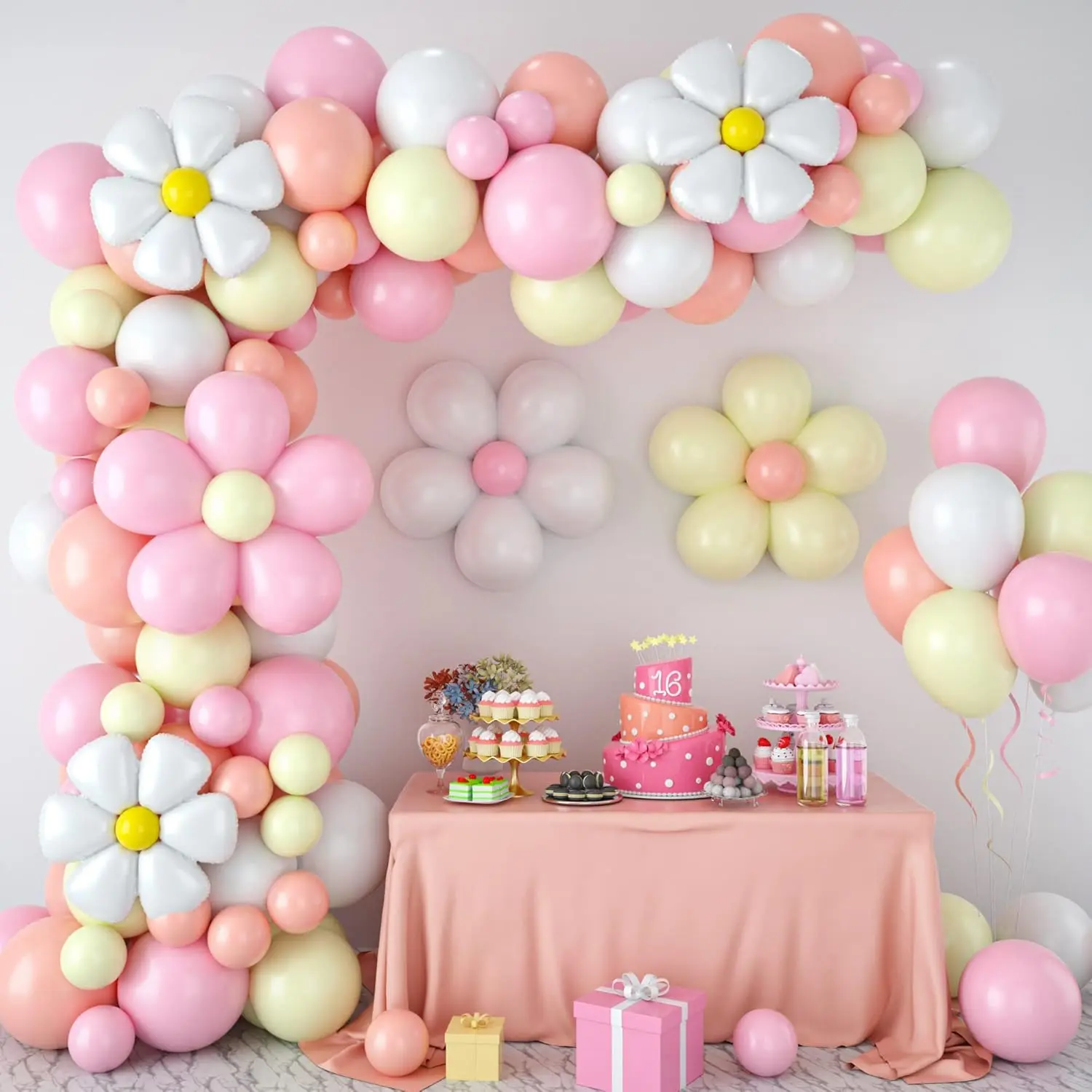 Daisy Balloon Garland Arch Kit,Retro Hippie Boho Pink White Yellow Balloons Garland Daisy Flower Balloons For Birthday Baby Shower Bridal Wedding Groovy Daisy Party Decorations