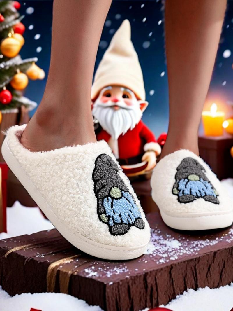 Cute Cartoon Gnome Christmas Pattern Slippers, Casual Soft Comfortable for Women, Fluffy All Seasons House Shoes for Indoor & Outdoor, Fuzzy Warm Slippers