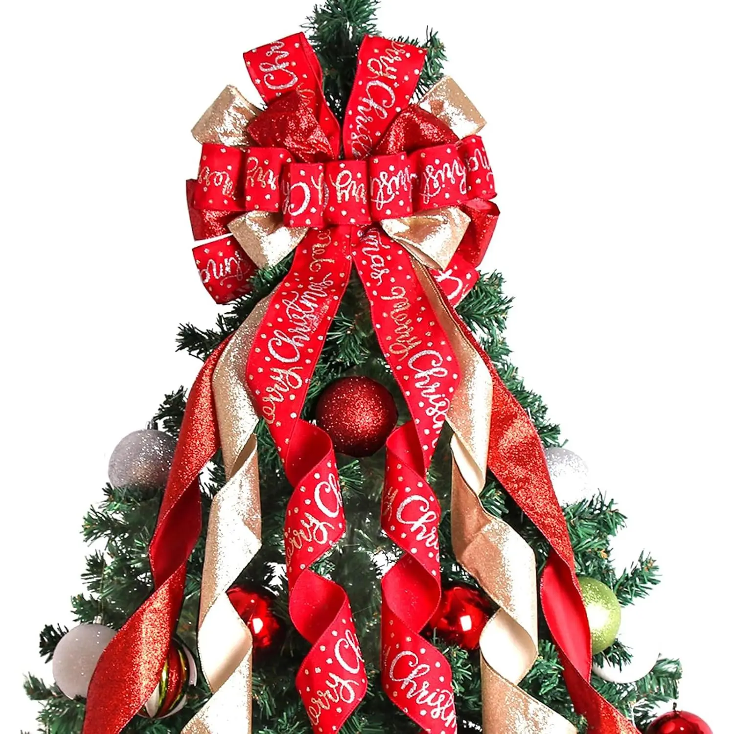 Christmas Tree Topper Christmas Wreath Bow 45"x12" Large Christmas Toppers Bow with Letter Patterned for Xmas Tree Rustic   Holiday Party Decorations Red