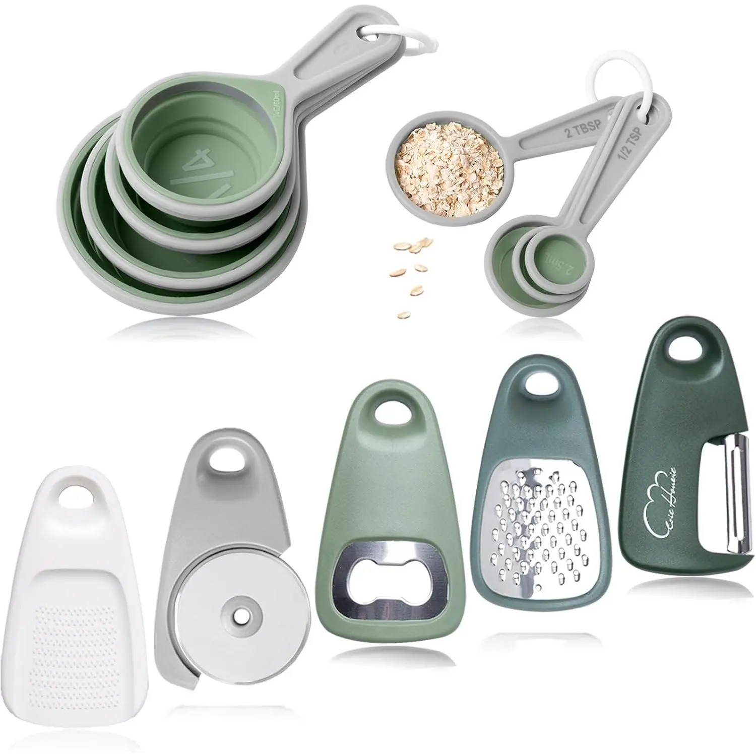 Kitchen Gadgets Set 13 count, Space Saving, RV Essentials, Green | Space Saving Cooking Tools, Collapsible Measuring Cups, Measuring Spoons, Stackable Kitchen Gadgets for Small Space