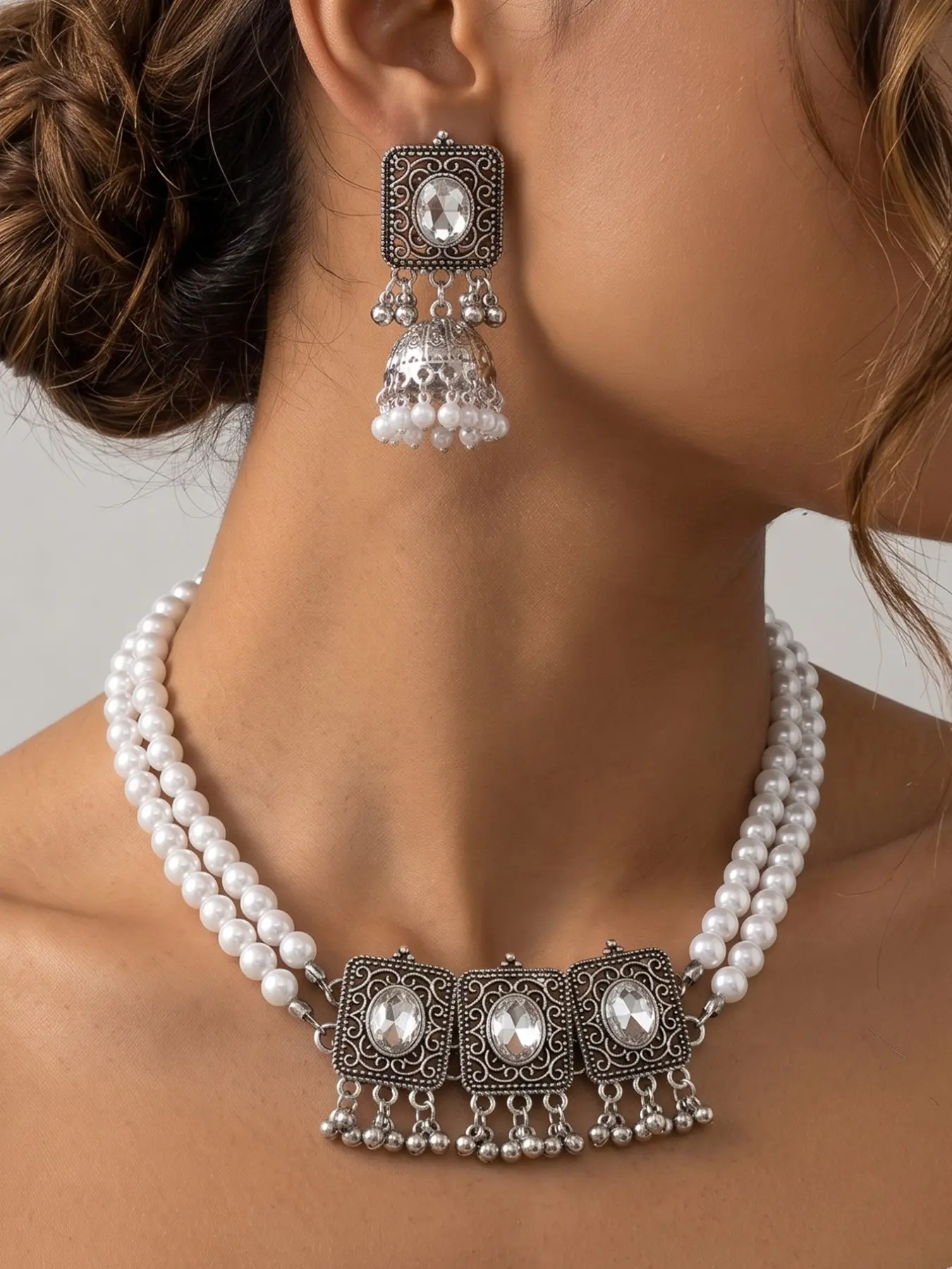 2Pcs Vintage Oxidized Silver Pearl Choker Jewelry Set for Women, Double Strand Pearl Necklace Crystal Filigree Pendant Jhumka Bell Earrings Pack, Ethnic Boho Festival Bollywood Party Accessories