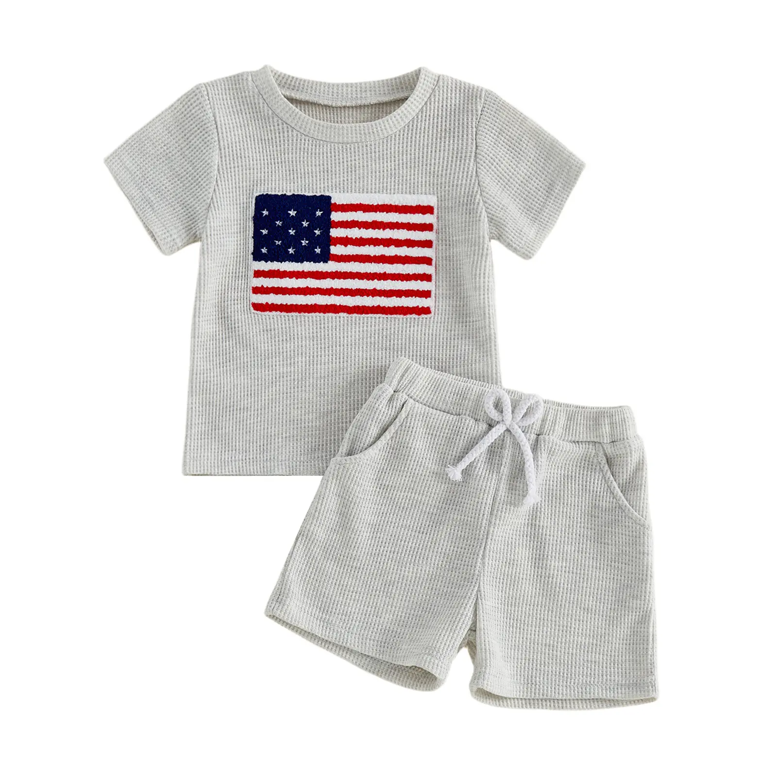 Baby Boys 4th of July Outfit Flag Embroidery Waffle Short Sleeves T-Shirt and Elastic Shorts Set for 2 Piece Summer Clothes