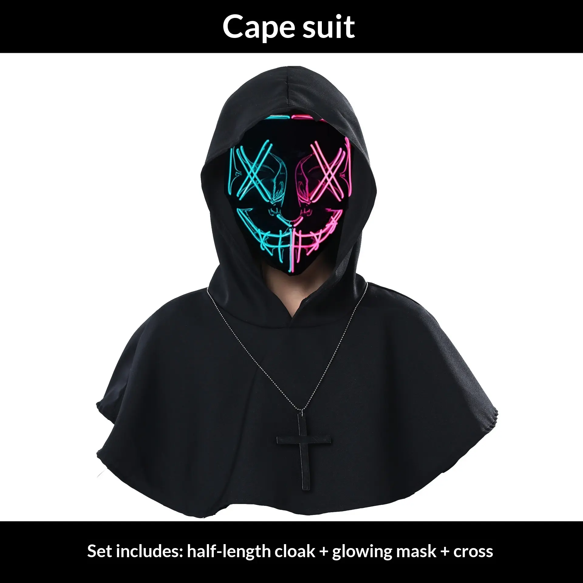 Halloween children's costume with light-up mask, boys' costume, black cape, cloak, cosplay outfit, adult men's and women's Grim Reaper horror wizard costume