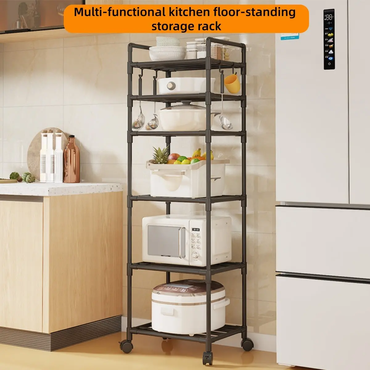 Kitchen Storage Rack, Adjustable Metal Rack, 3-6 Tier Metal Shelf with Wheeled Mobility, Multi-Purpose Versatile Use Organizer for Oven Pots, Options, Home Bathroom Storage
