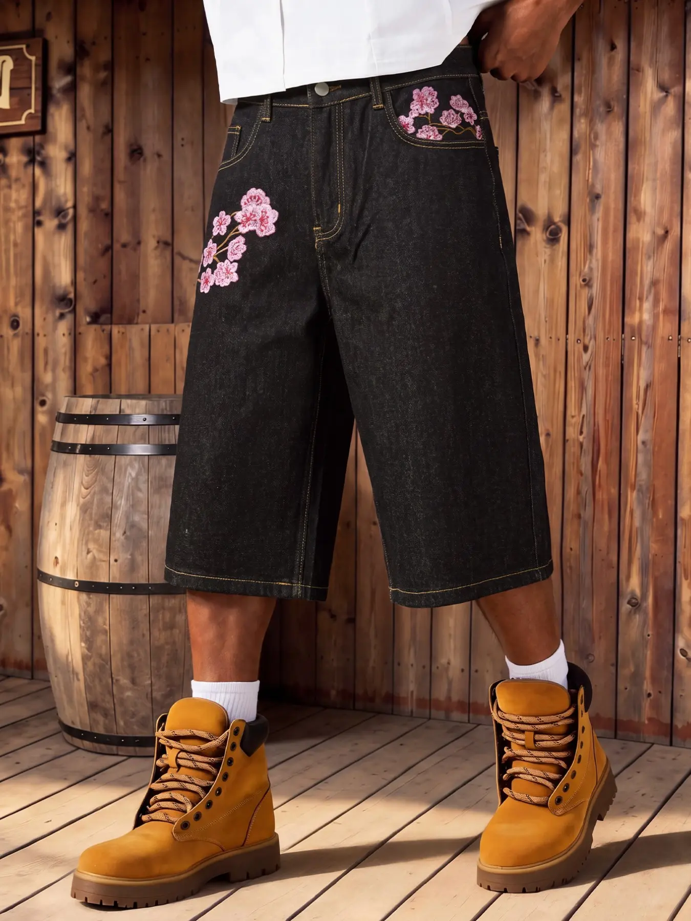Men's Y2K Loose Jeans Shorts, Floral Embroidery and Wide Leg Cut, Streetwear Casual Short Pants, Trendy Summer Fashion