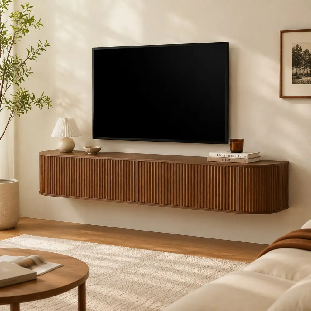 Modern 71-Inch ARCH Wall-Mounted Floating TV Cabinet, Walnut Particle Board Media Console with Fluted Doors, Cable Management, Soft-Close Hinges, Adjustable Height, 12.60 w x 70.87 d x 11.81 h in, 51.40 lb, Assembly Required for Living Room Bedroom, Tv St