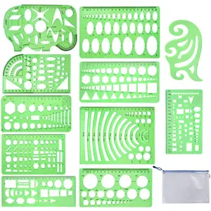 11 Pieces Clear Green Plastic Geometric Drawing Stencils Measuring Template Rulers for Engineering Drafting Building School Office Supplies