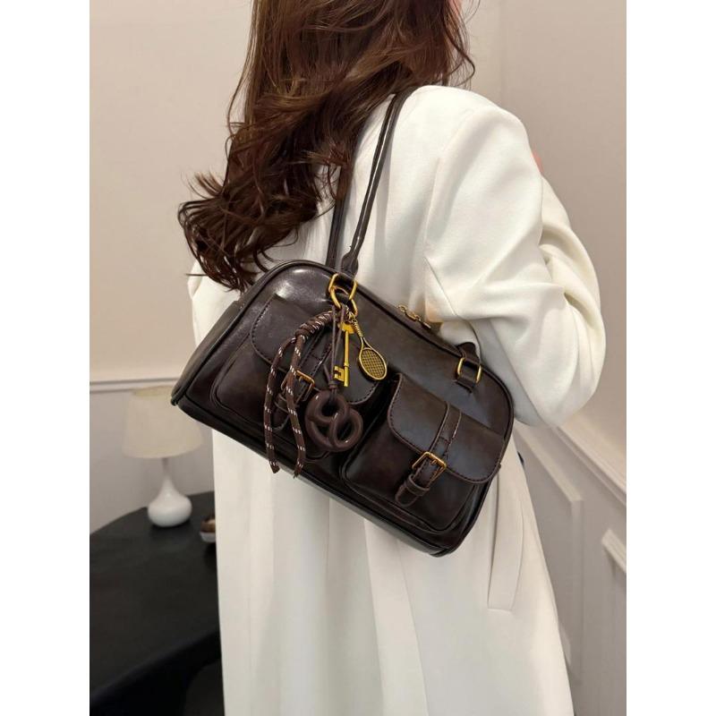 BIGWIG Women's Elegant Solid Color Shoulder Bag, Fashionable Pu Leather Bag for Daily Used, Leather Satchel, Casual Trendy Versatile High-quality Daily Commuting Bag, Unique Gifts for Women