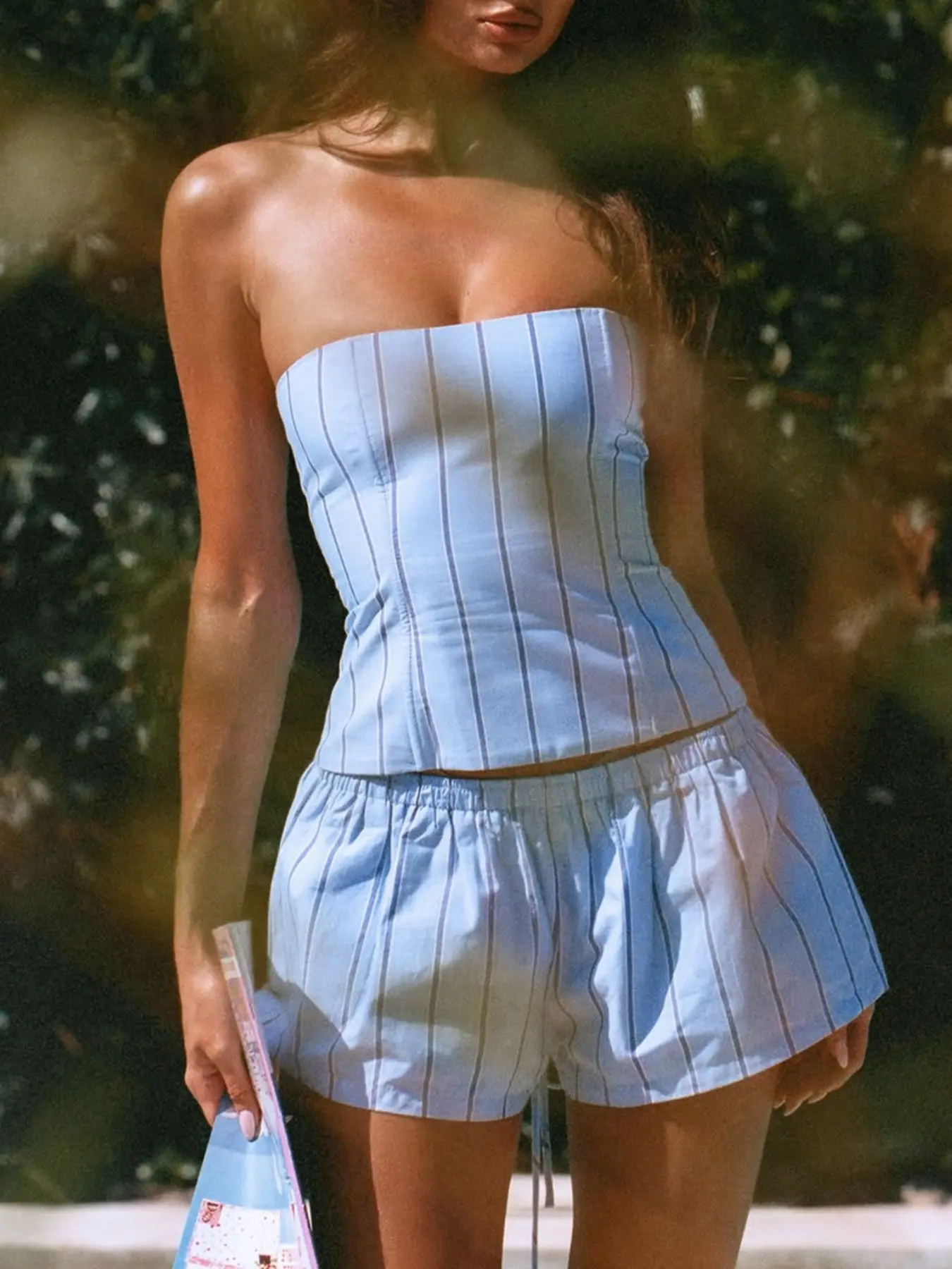 Striped Ribbed Adjustable Drawstring Corset Top & Shorts Matching Clothing Set Two-Piece for Women Summer Sexy Chic Strapless Crop Top and Shorts 2 Piece Set