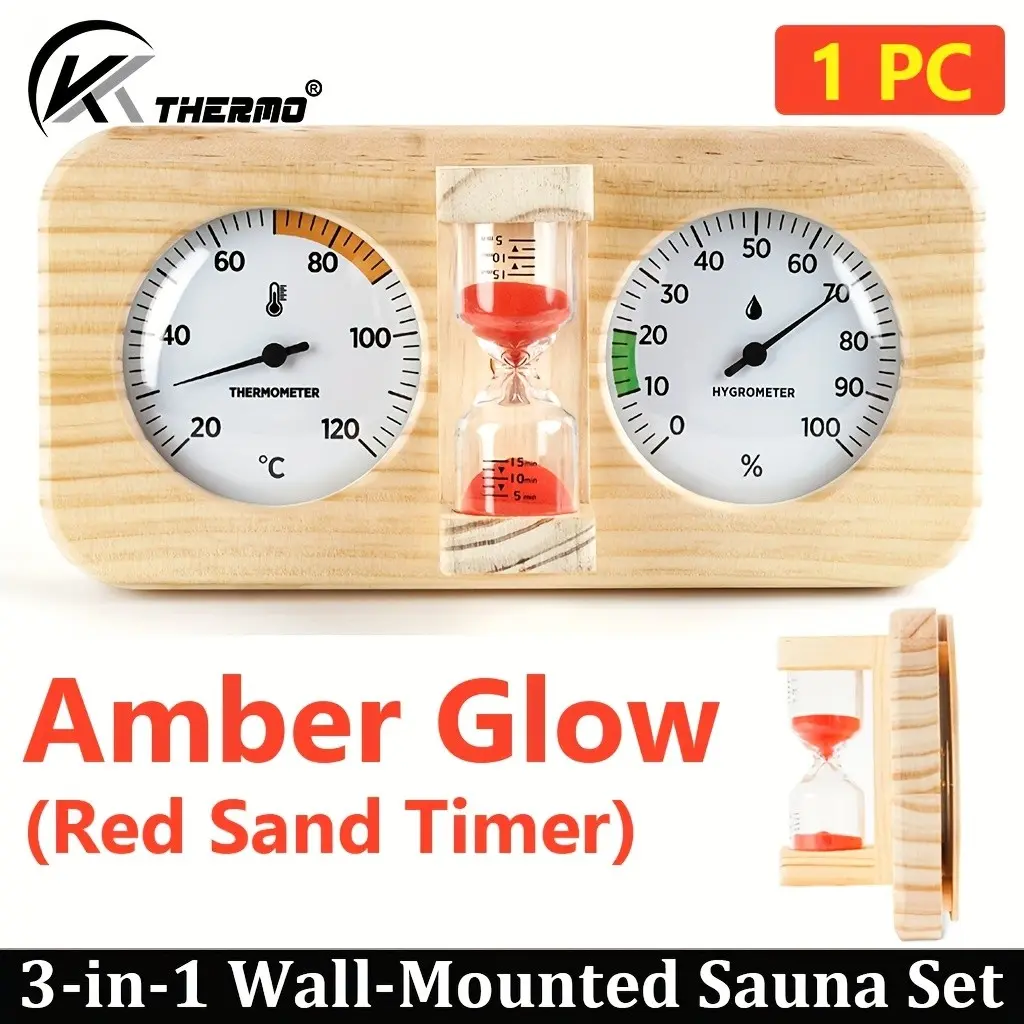 Sauna Humidity Thermometer Clock Set, 360° Rotatable Sand Timer, Clear Dial with Color Zones, Cedar Frame, Battery-Free, Ideal Gift