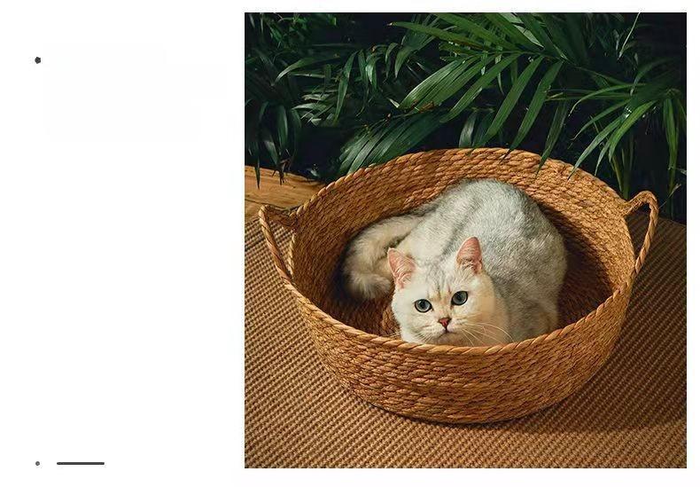 SoPets Handwoven Cat Cave Bed Cooling Rattan Pet House with Scratching Board Washable Cozy Sleeping Nest for All Seasons Cats Dogs