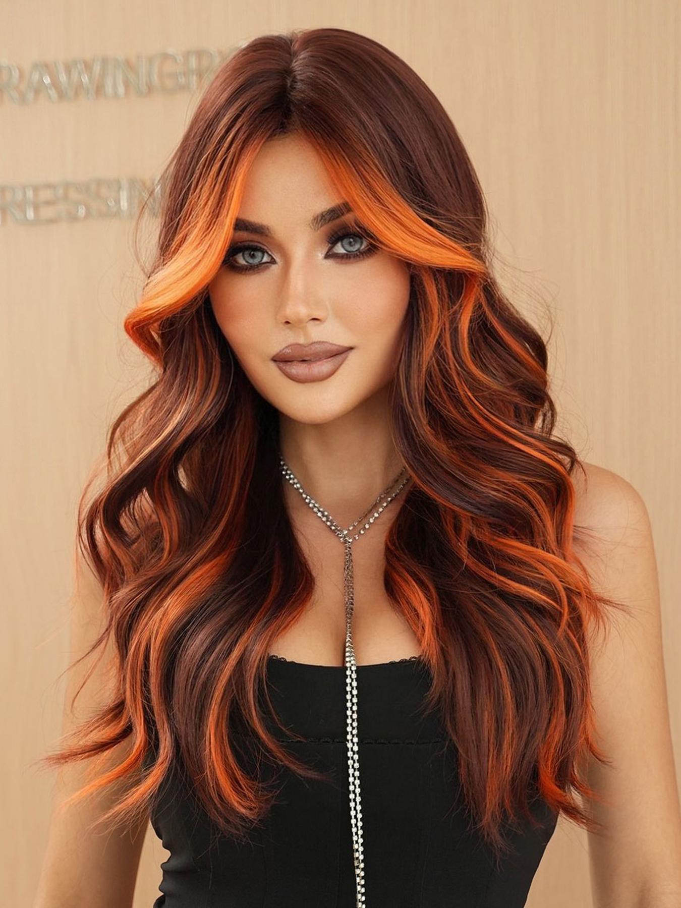 26 Inch Long Body Wavy Pre Styled Synthetic Hair Wig for Women, Natural Looking Fluffy Synthetic Fiber Wavy Texture Wig with Curtain Bangs, Full Machine Highlight Loose Wave Wig for Party, Daily Use, Highlight Brown Wig, Synthetic Wavy Hairstyle