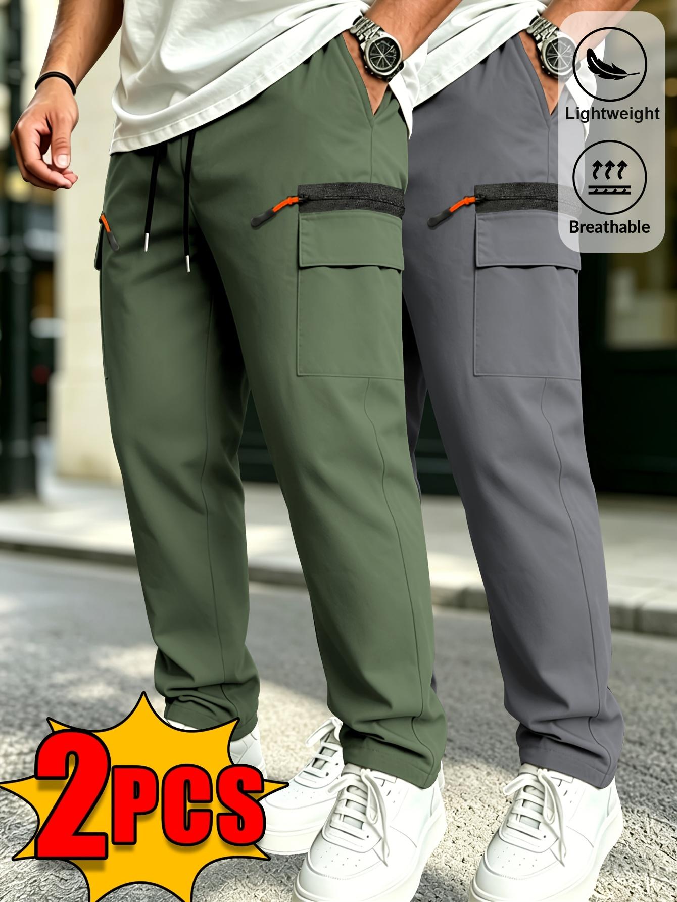 Veiskor Menswear Men’s 2-Pack Simple Basic Loose Polyester Functional Cargo Straight-Leg Pants for Spring/Summer, Elastic Drawstring Waist, Contrast Color, Side Zipper Pockets, Lightweight Breathable, Versatile Casual for Outdoor Activities, Commuting, Ca