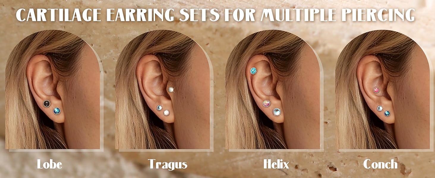 MILACOLATO Hypoallergenic Flat Back Earrings for Women Small Surgical Steel Nap Sleeper Earrings Cute Opal Turquoise Moonstone Earrings Cartilage Helix Tragus Piercing Silver Studs Earrings 20G